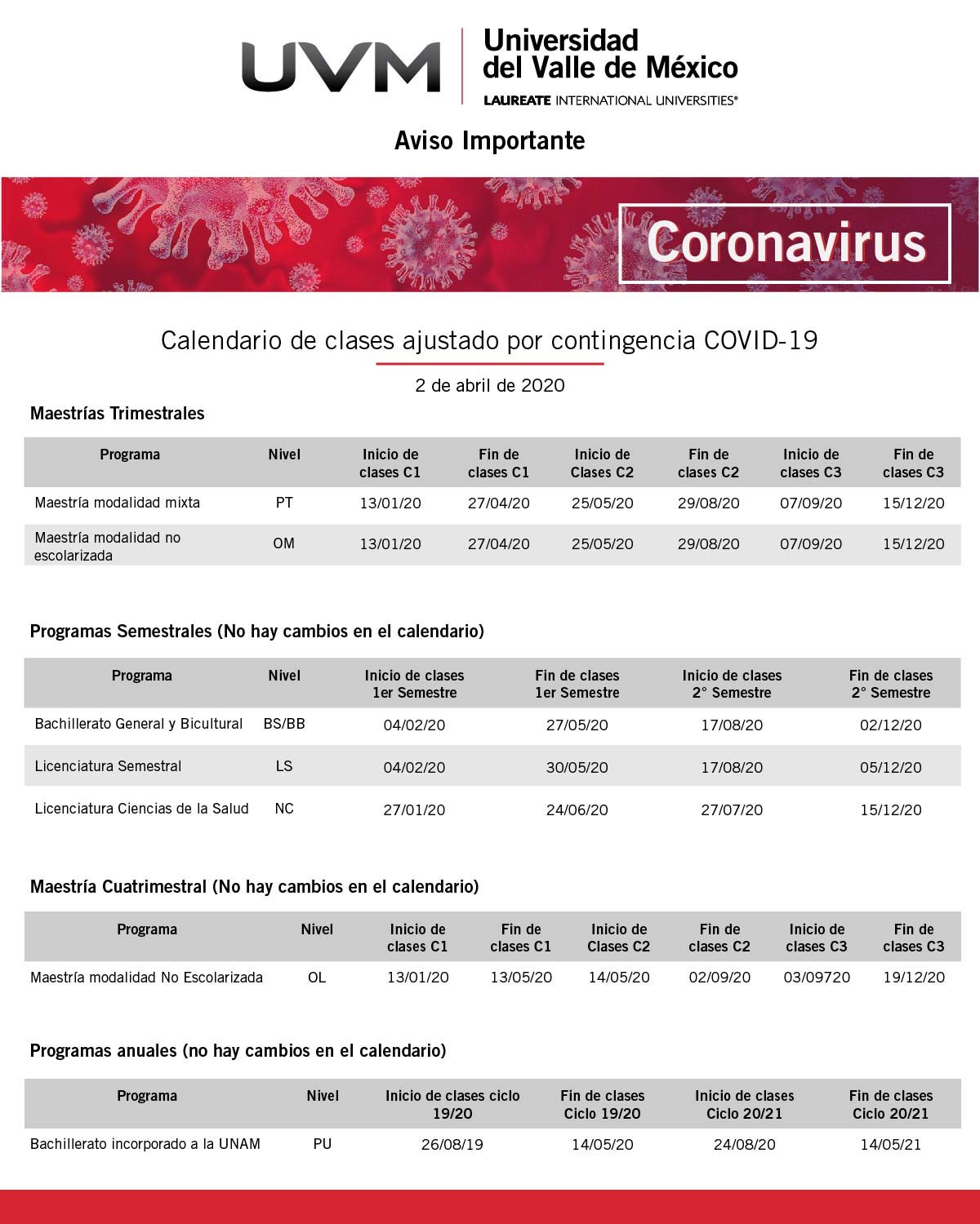 Información para estudiantes UVM CoVid19